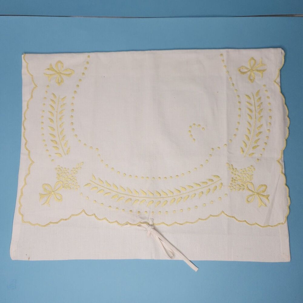 Pillow Cover Embroidered‎ Yellow White Foldover Pocket Case with Tie 14x17.5